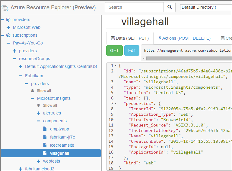 Captura de pantalla que muestra la navegación en Azure Resource Explorer.
