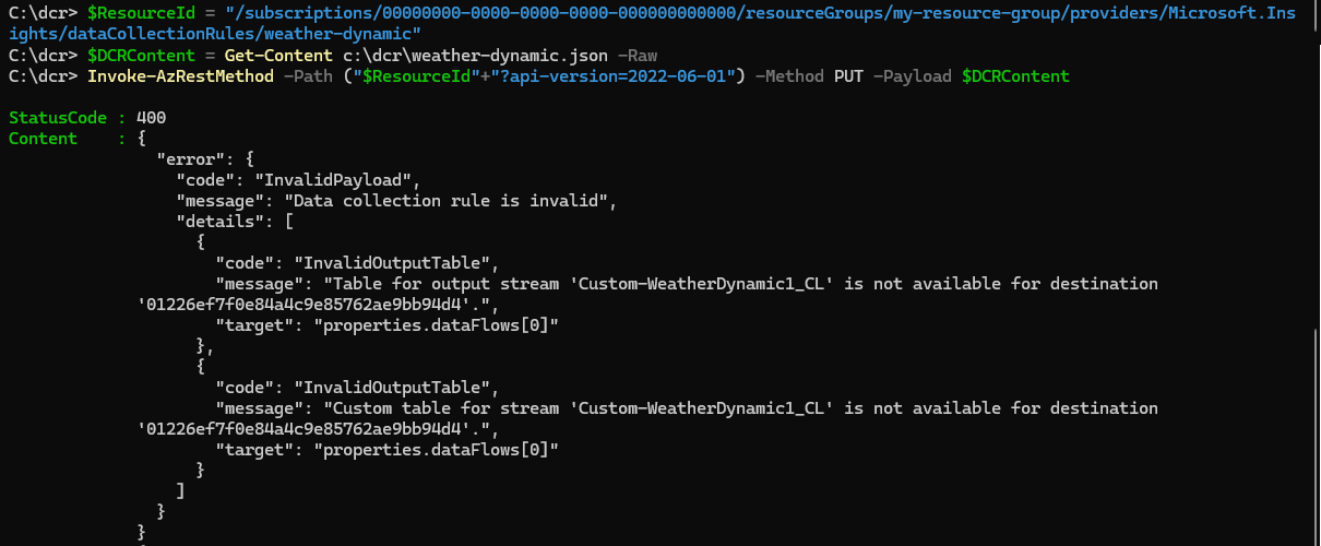 Recorte de pantalla que muestra un mensaje de error para un DCR al usar la API.