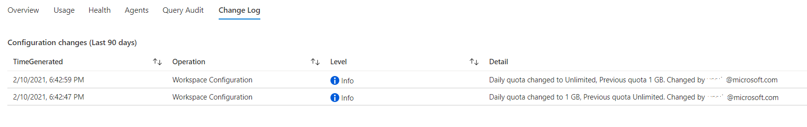 Captura de pantalla en la que se muestra la pestaña Registro de cambio.