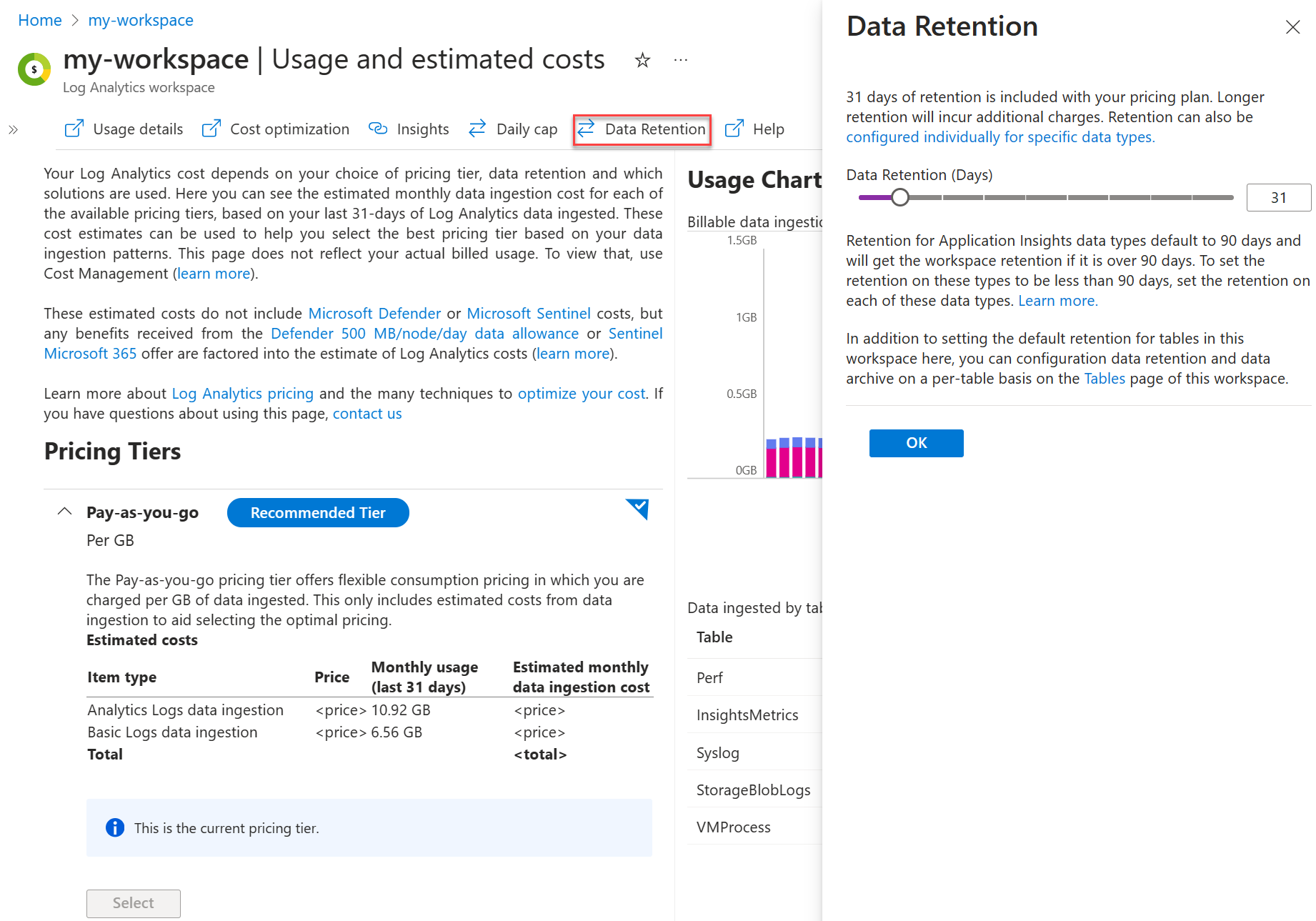 Captura de pantalla que muestra cómo cambiar la configuración de retención de datos del área de trabajo.
