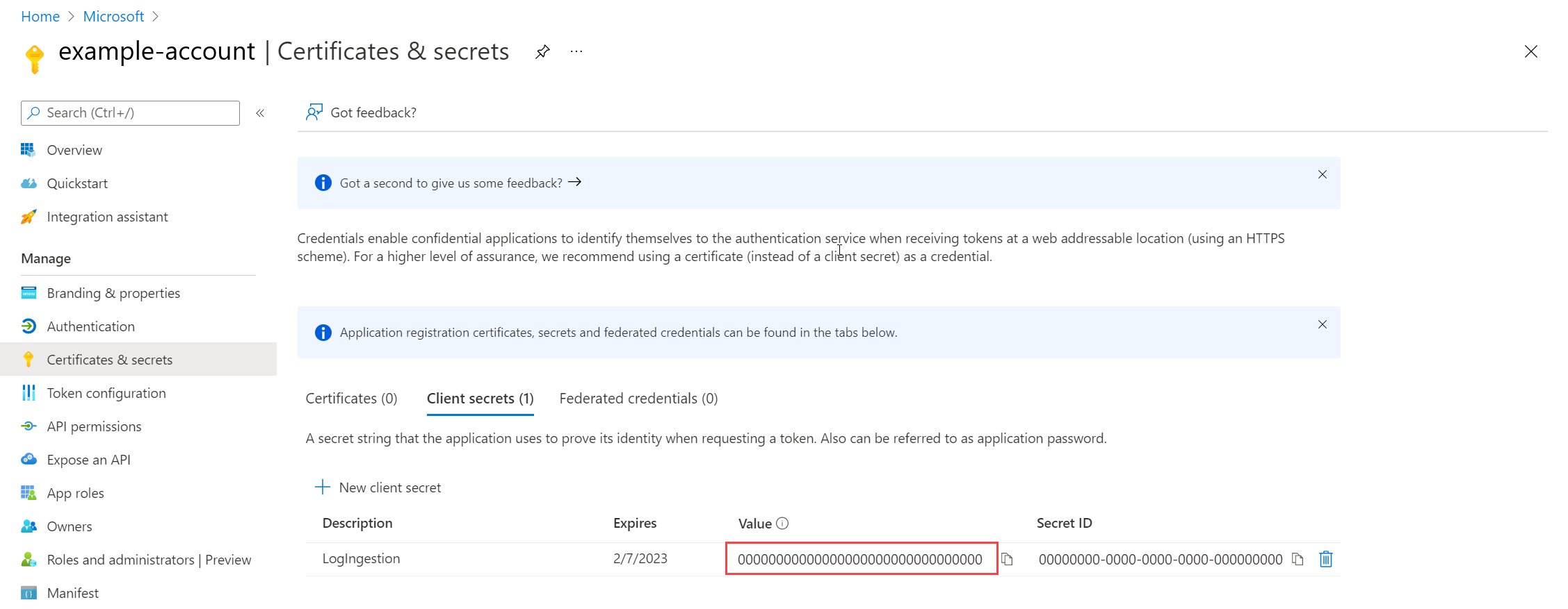 Captura de pantalla que muestra el valor del secreto de la nueva aplicación.