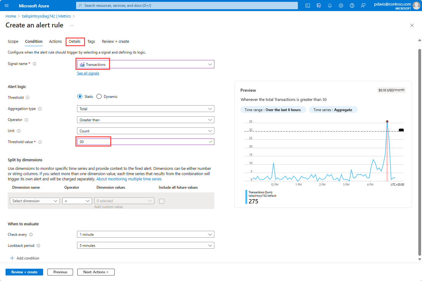 Captura de pantalla que muestra la pestaña Condición en el panel para crear una regla de alertas.
