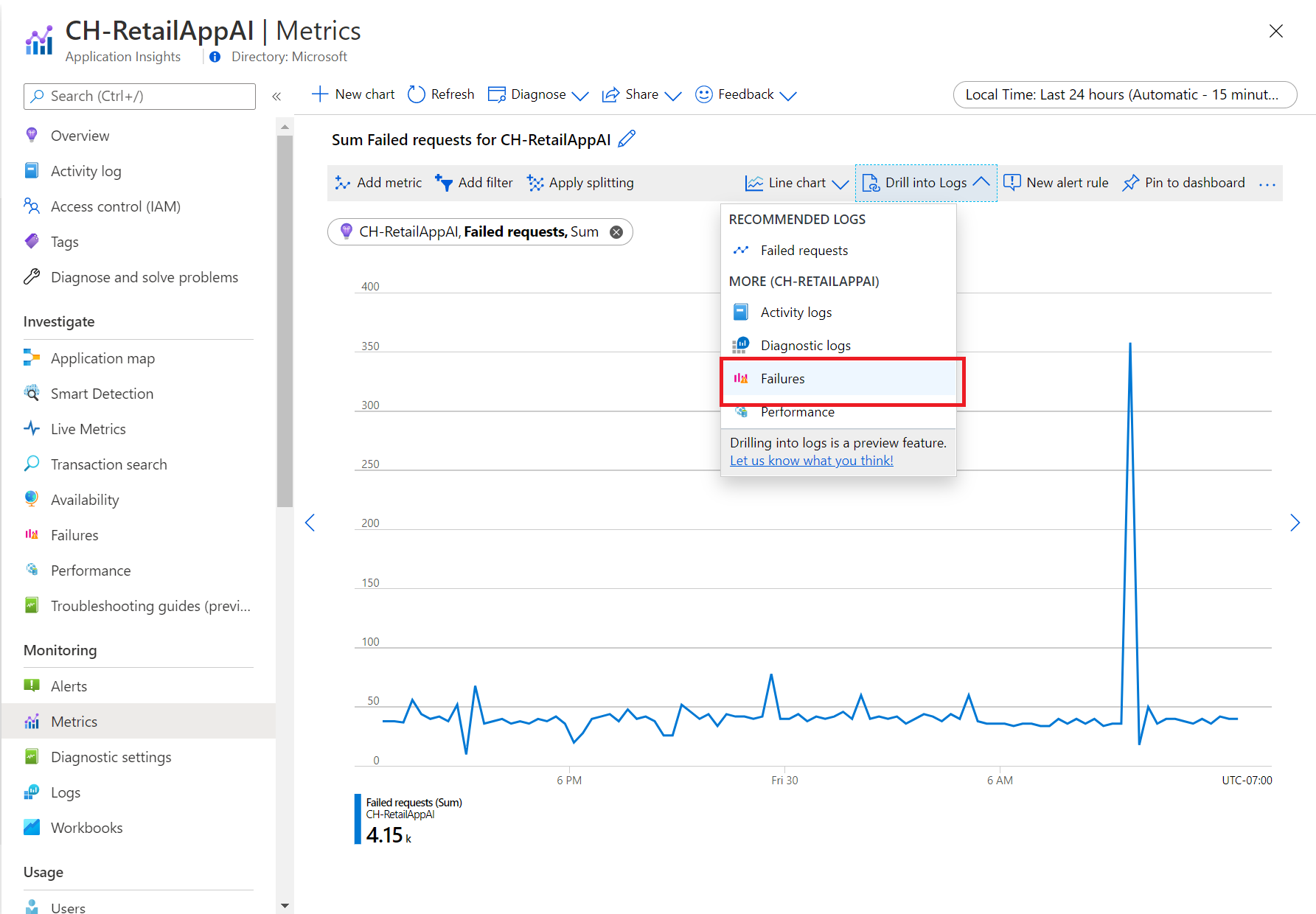 Captura de pantalla que muestra el menú desplegable para profundizar en los registros.