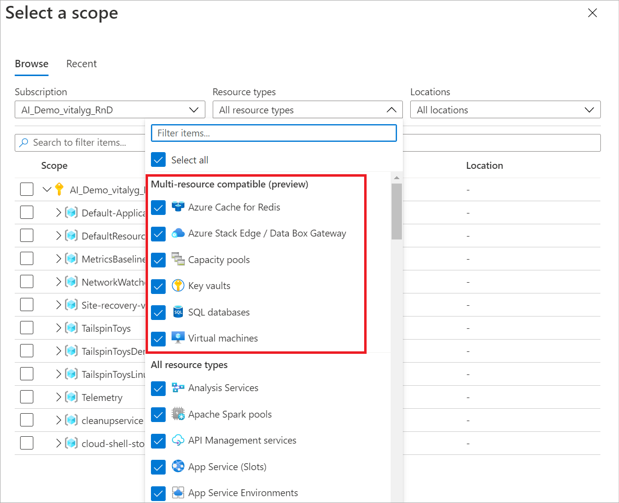 Captura de pantalla que muestra un menú de recursos que son compatibles con gráficos con varios recursos.