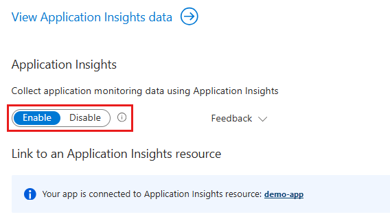 Captura de pantalla que muestra cómo habilitar Application Insights en la aplicación.