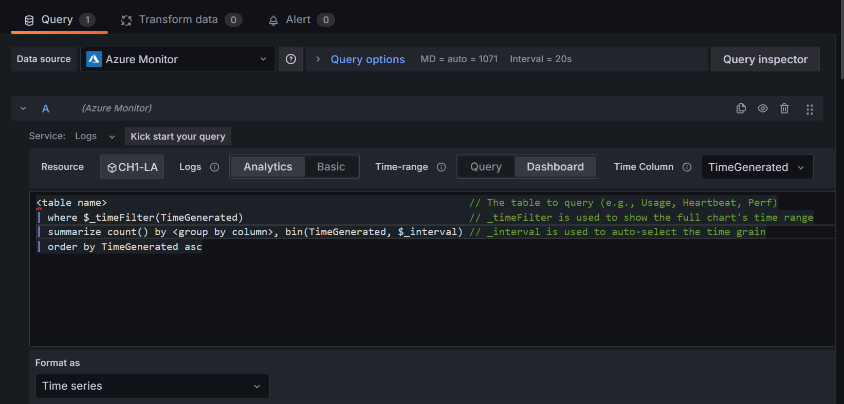 Captura de pantalla de la configuración del panel de Grafana para los registros de Azure Monitor.