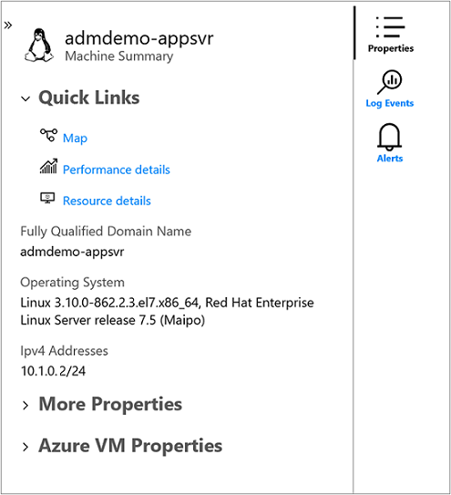 Captura de pantalla que muestra un panel de Propiedades de una máquina virtual.