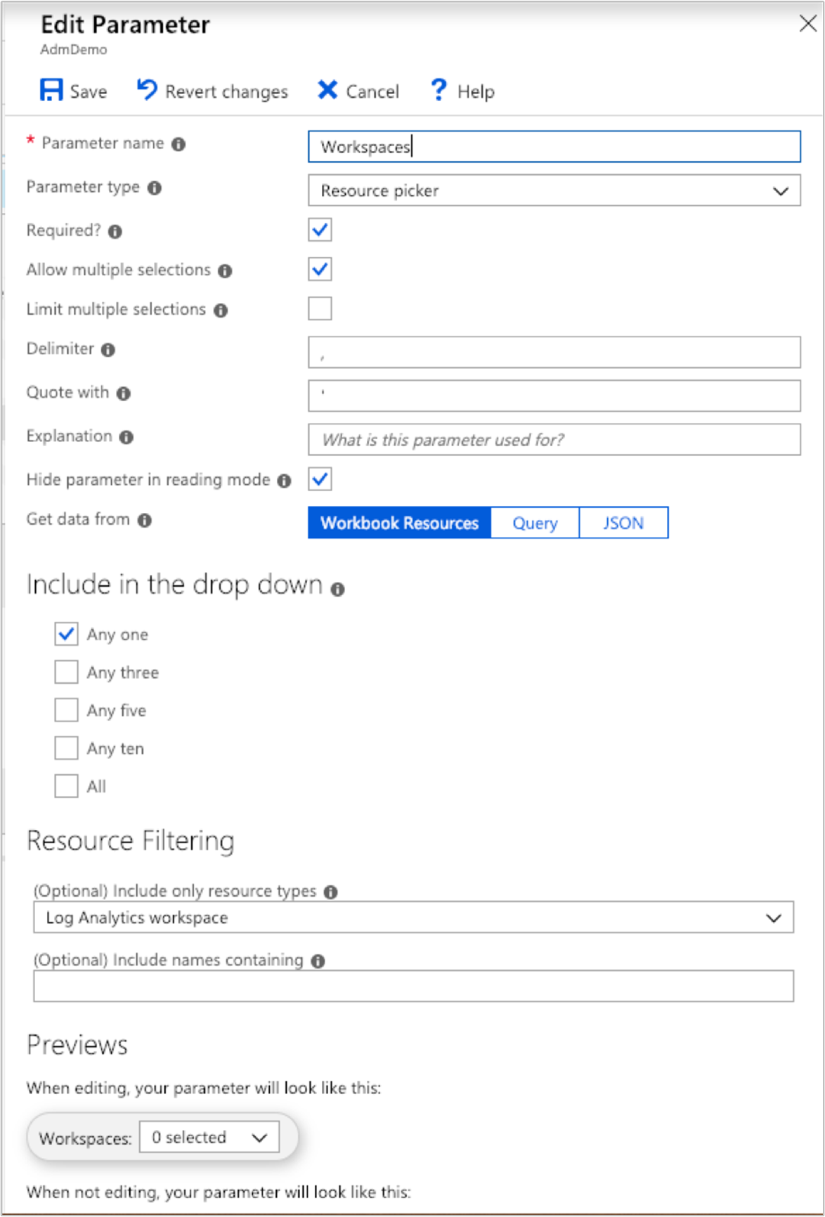 Captura de pantalla que muestra la lista desplegable del área de trabajo.