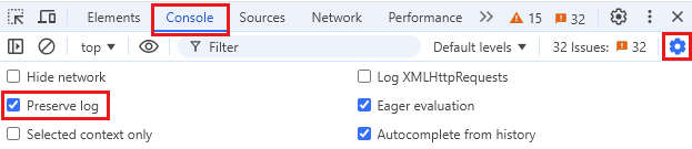 Captura de pantalla que destaca la opción Conservar registro en la pestaña Consola de Chrome.