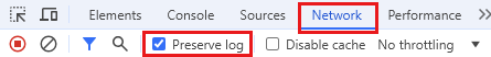 Captura de pantalla que destaca la opción Conservar registro en la pestaña Red de Chrome.