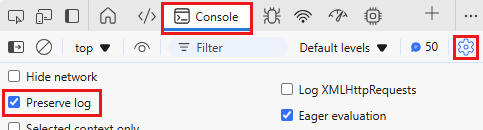 Recorte de pantalla que destaca la opción Conservar registro en la pestaña Consola de Edge.
