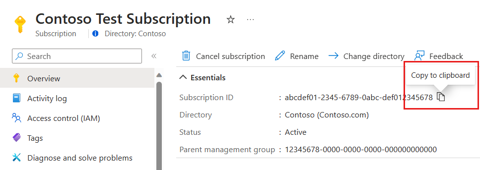 Captura de pantalla que muestra la opción de copiar un identificador de suscripción en Azure Portal.