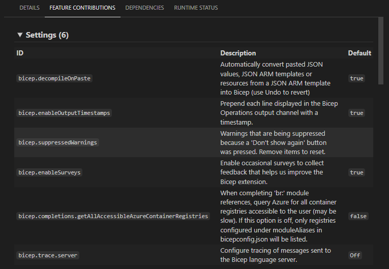 Captura de pantalla de la configuración de la extensión Bicep.