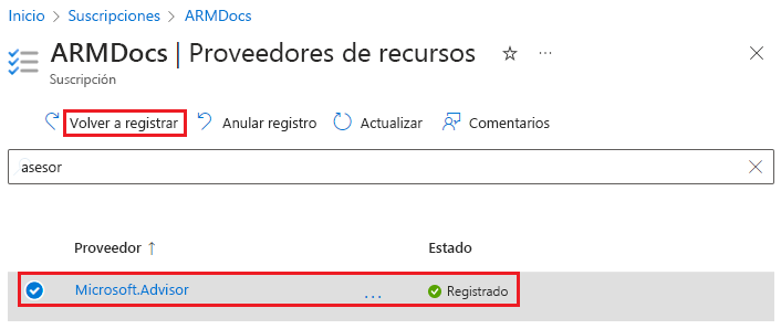 Screenshot of reregistering a resource provider in the Azure portal.