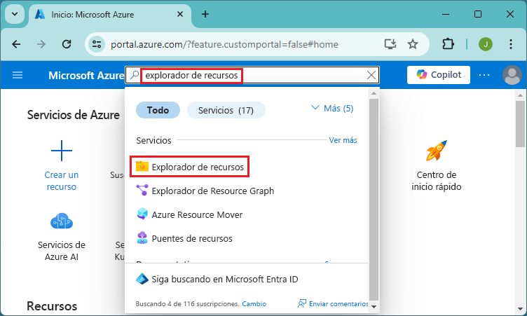 Screenshot of selecting All services in the Azure portal to access Resource Explorer.