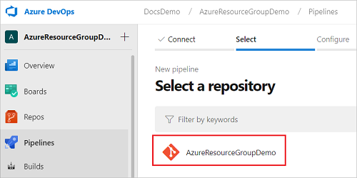 Captura de pantalla de la selección del repositorio para el proyecto en Azure DevOps