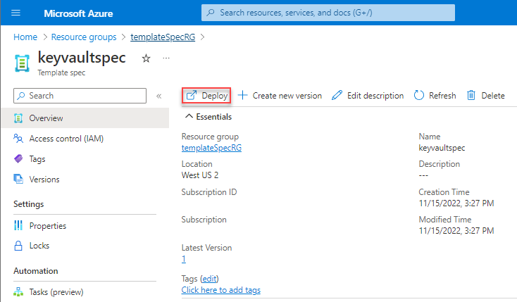 Captura de pantalla del resumen de especificaciones de plantillas de Azure con la opción de despliegue resaltada.