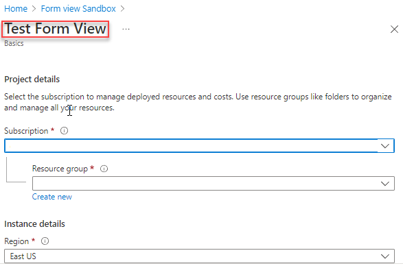 Captura de pantalla del formulario básico del portal Azure generado.