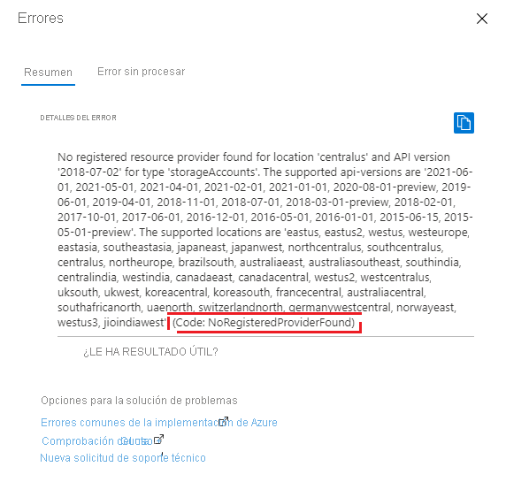 Captura de pantalla de un resumen de errores de implementación en Azure Portal, que muestra el mensaje de error y el código de error NoRegisteredProviderFound.