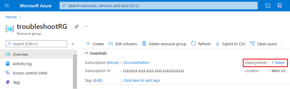Captura de pantalla de la página de información general del grupo de recursos de Azure que muestra una implementación con errores con un icono de signo de exclamación rojo en la sección de historial de implementación.