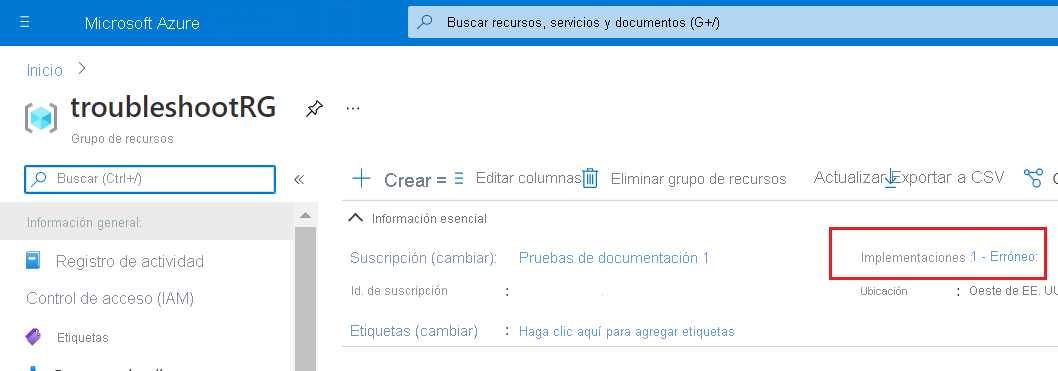 Captura de pantalla de una sección del historial de implementación de Azure Portal que muestra que una implementación errónea de un archivo Bicep.