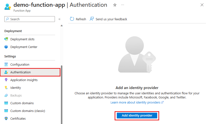 Captura de pantalla de la página Autenticación de la aplicación de funciones y el botón para agregar un proveedor de identidades.