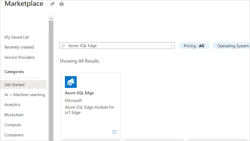 Captura de pantalla de SQL Edge en el Azure Marketplace.