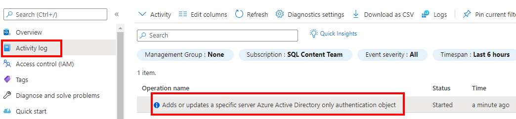 Entrada del registro de actividad en Azure Portal