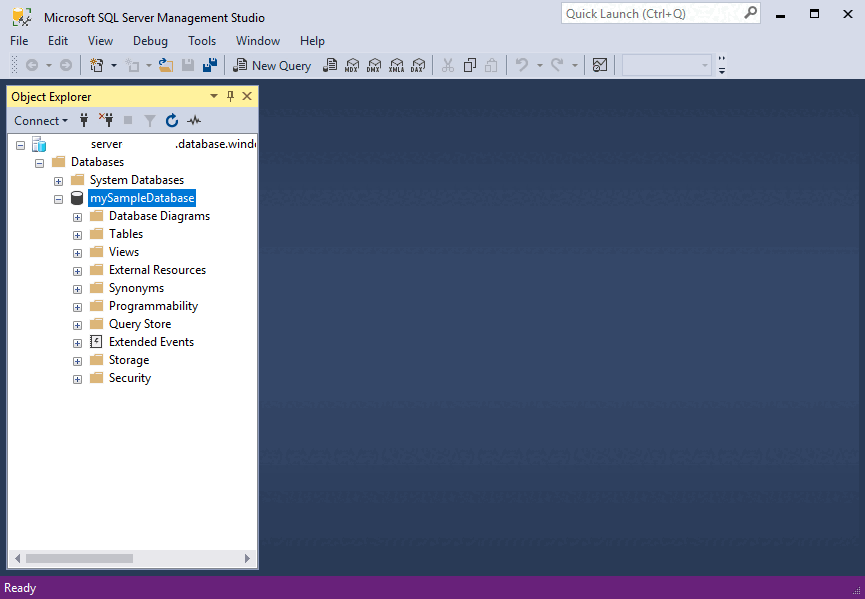 Captura de pantalla de los objetos mySampleDatabase.