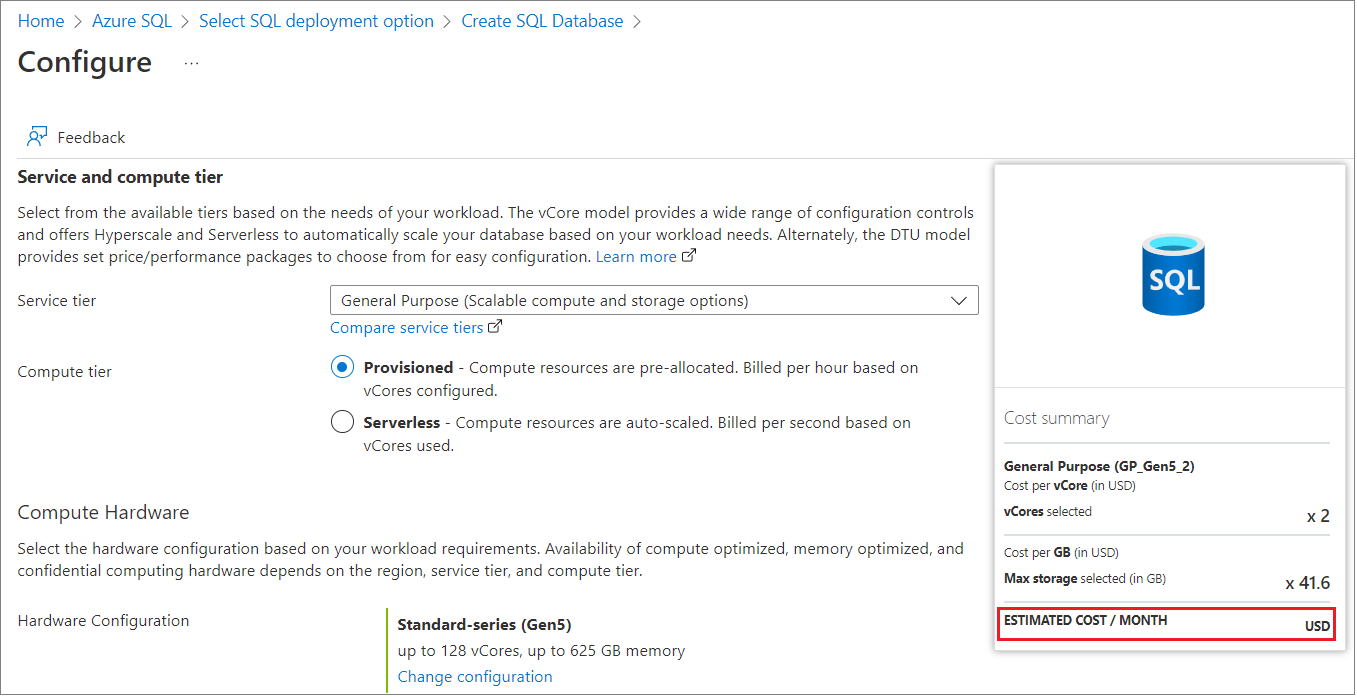 Ejemplo que muestra el costo estimado en Azure Portal