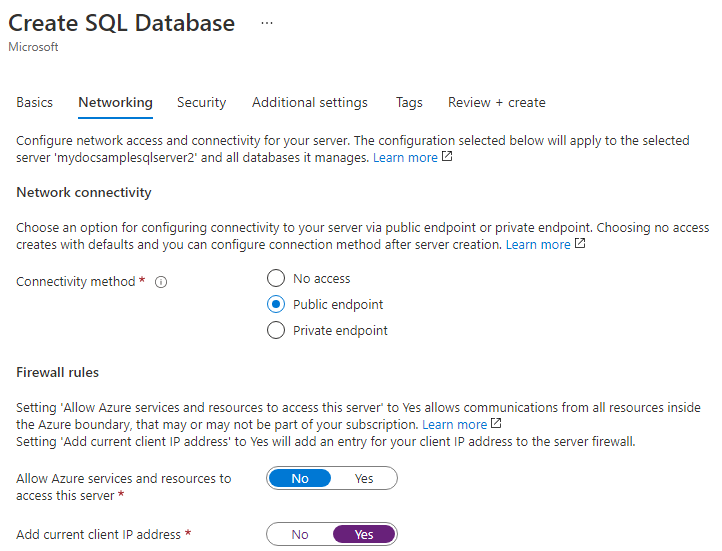 Captura de pantalla de la configuración de redes al crear una instancia de SQL Server en el portal de Azure