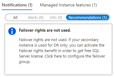 Captura de pantalla que muestra el panel de información general de SQL Managed Instance y las recomendaciones que muestran los derechos de conmutación por error no se usan.