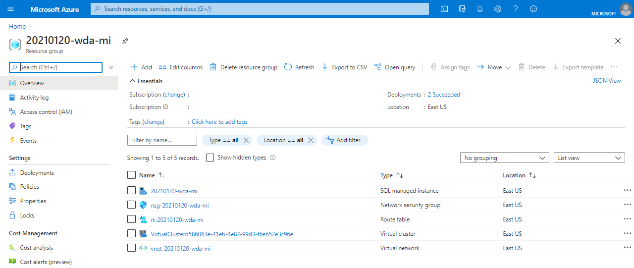 Captura de pantalla de los recursos de SQL Managed Instance en el Azure Portal.