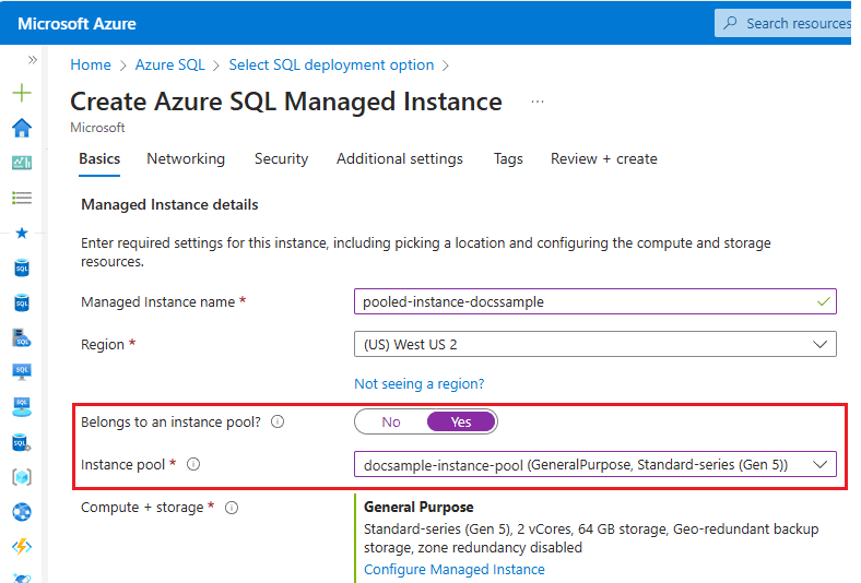 Captura de pantalla de la página Crear Azure SQL Managed Instance en el Azure Portal que pertenece al grupo de instancias seleccionado.