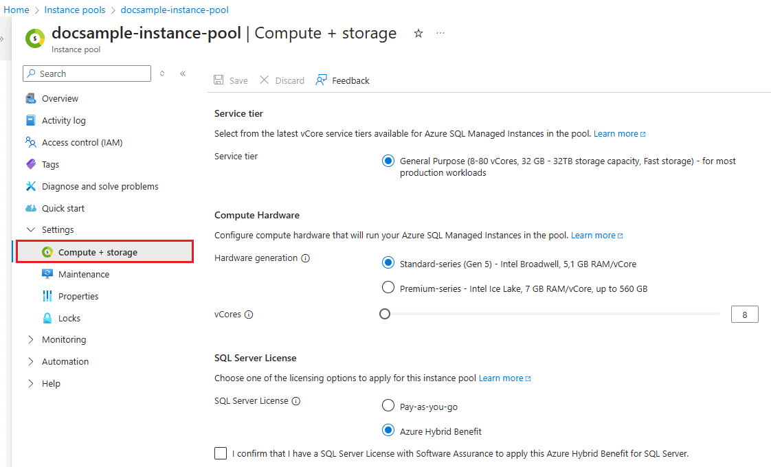Captura de pantalla del panel Grupo de instancias de proceso y almacenamiento en Azure Portal.