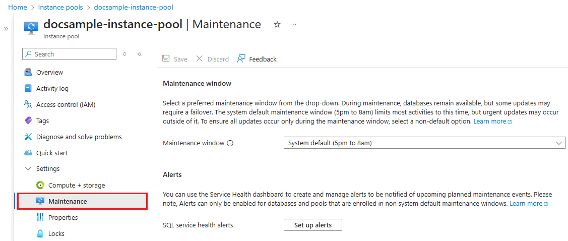 Captura de pantalla del panel Grupo de instancias de mantenimiento en Azure Portal.