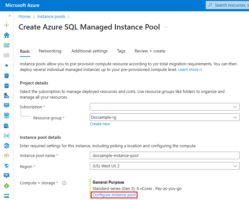 Captura de pantalla de la página Creación de grupo de Azure SQL Managed Instance en el Azure Portal, con la opción Configurar grupo de instancias seleccionada.