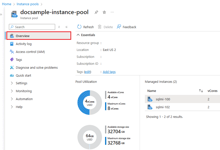 Captura de pantalla de la página Información general de un grupo de instancias en Azure Portal.