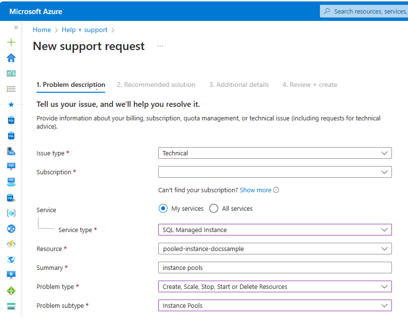 Captura de pantalla de la solicitud de soporte técnico de grupos de instancias en el Azure Portal.