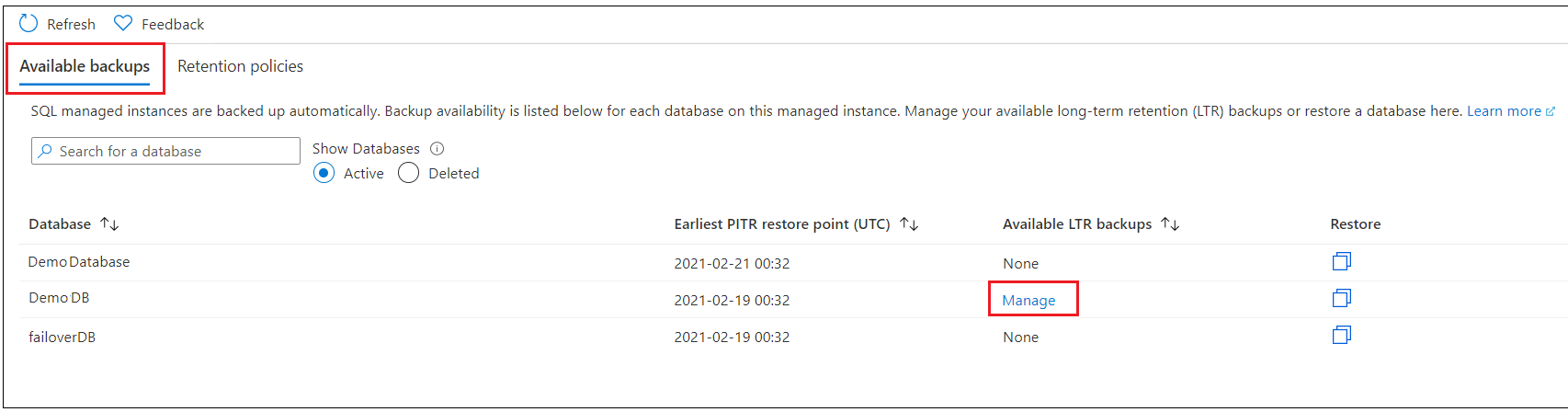 Captura de pantalla de Azure Portal que muestra la opción para seleccionar una base de datos.