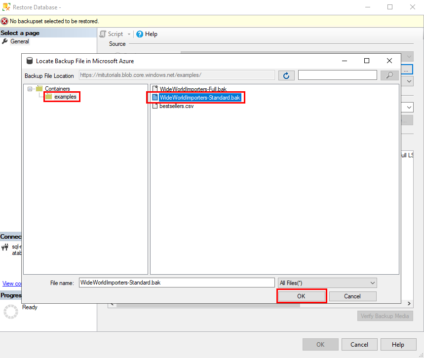 Captura de pantalla del cuadro de diálogo Buscar archivo de copia de seguridad en Microsoft Azure. El archivo de copia de seguridad WideWorldImporters-Standard.bak está seleccionado y el botón Aceptar se resalta en rojo.