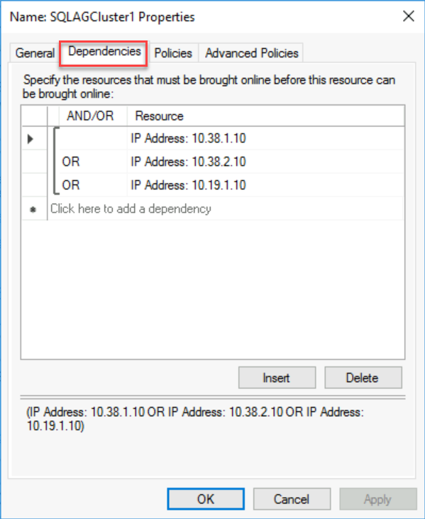 Captura de pantalla del cuadro de diálogo Propiedades del clúster en la que se muestran las selecciones para agregar una dependencia.