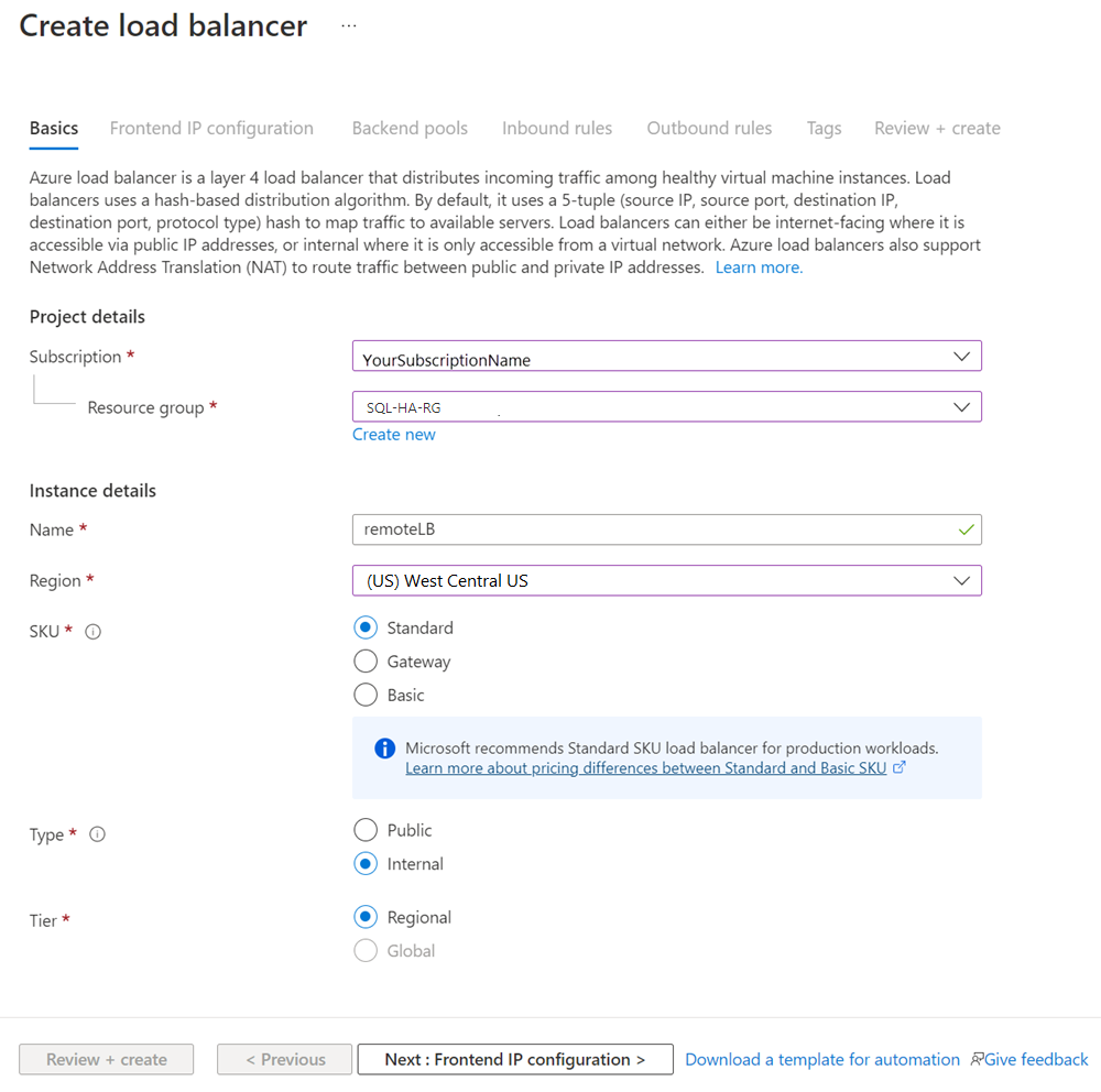 Captura de pantalla de Azure Portal en la que se muestra información básica para crear un equilibrador de carga.