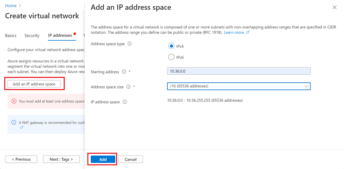 Captura de pantalla de Azure Portal en la que se muestran las selecciones para agregar un espacio de direcciones para una red virtual.