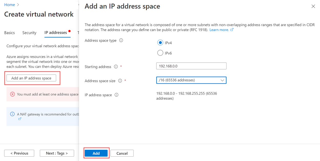 Captura de pantalla de Azure Portal en la que se muestran las selecciones para crear un espacio de direcciones.