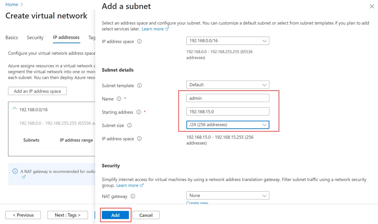 Captura de pantalla de Azure Portal en la que se muestran las selecciones para agregar una subred.
