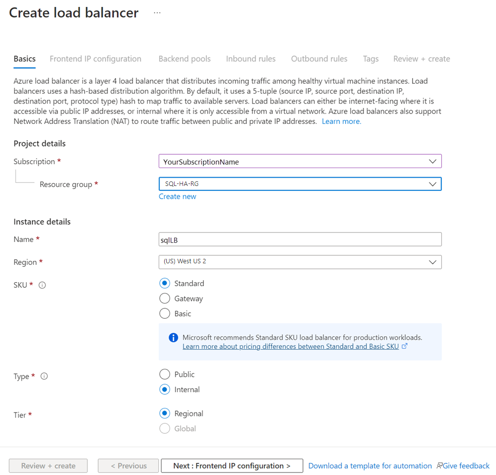 Captura de pantalla de Azure Portal en la que se muestran los parámetros seleccionados para un equilibrador de carga.