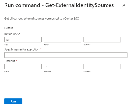 Captura de pantalla que muestra el cmdlet Get-ExternalIdentitySources en el menú Ejecutar comando.