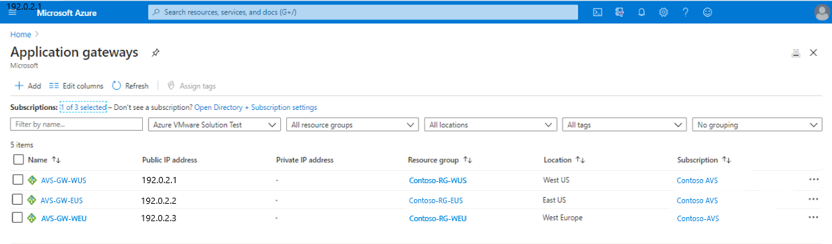 Captura de pantalla de la página de Application Gateway que muestra la lista de puertas de enlace de aplicaciones configuradas.
