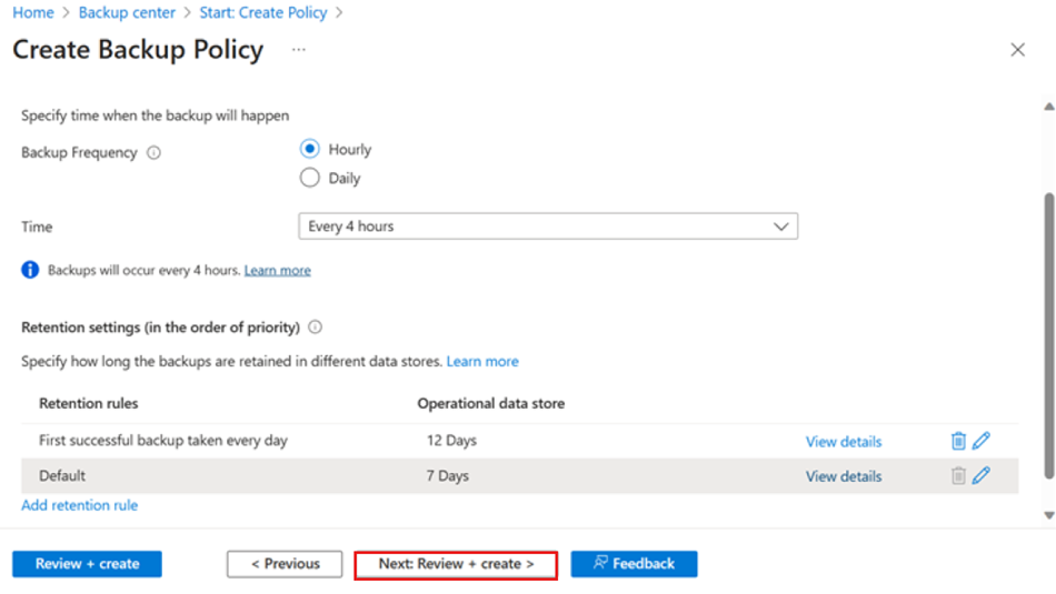 Screenshot that shows the completion of a backup policy creation.